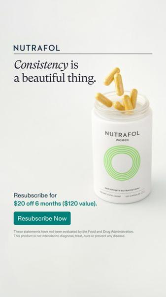 A minimalist, high-contrast ad featuring a hair supplement bottle with a clear, value-driven promotional offer for re-subscription.